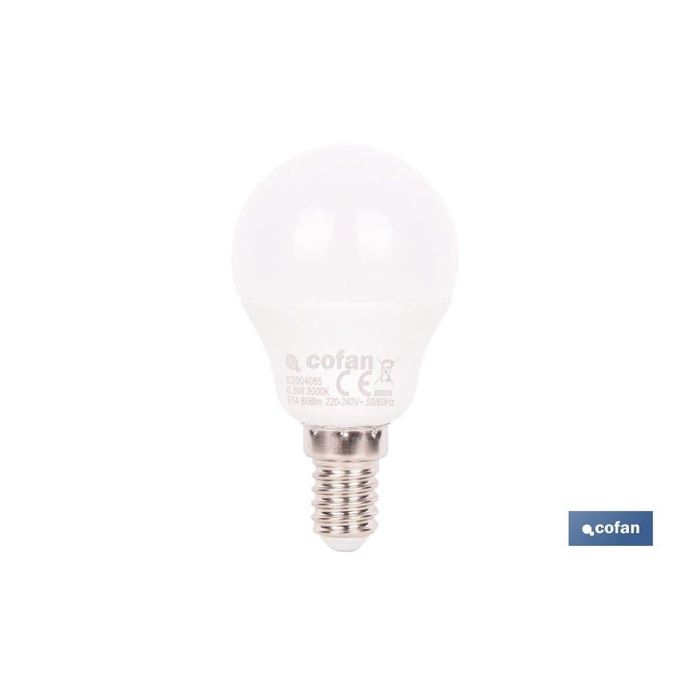 BOMBILLA LED ESFÉRICA E14 6.5 W 806 LM 3000 K