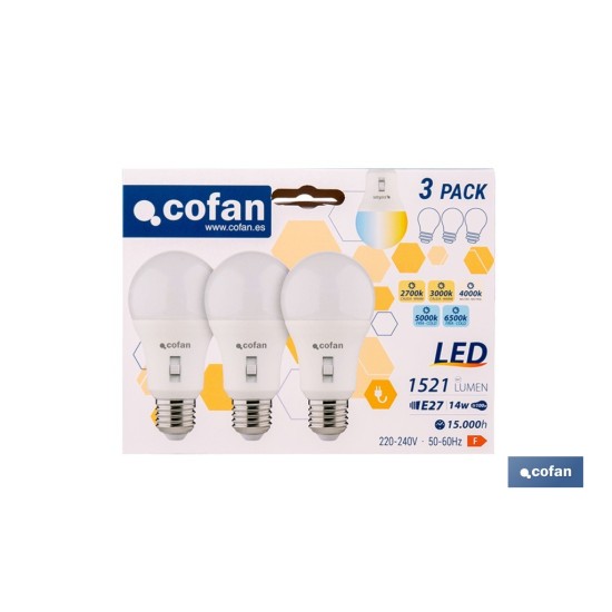 PACK DE 3 BOMBILLAS E27 A60 14W 1521 LM 5CCT