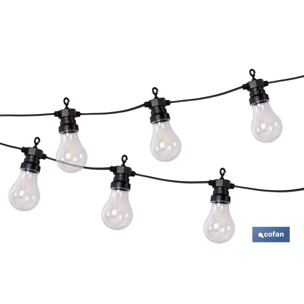 GUIRNALDA DE BOMBILLAS LED 10 UDS. CON PANEL SOLAR A19 3,7 V 1,2 Ah IP44 2700 K 4,5 + 3 M