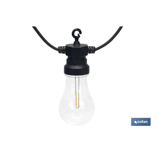 GUIRNALDA DE BOMBILLAS LED 10 UDS. CON PANEL SOLAR A19 3,7 V 1,2 Ah IP44 2700 K 4,5 + 3 M