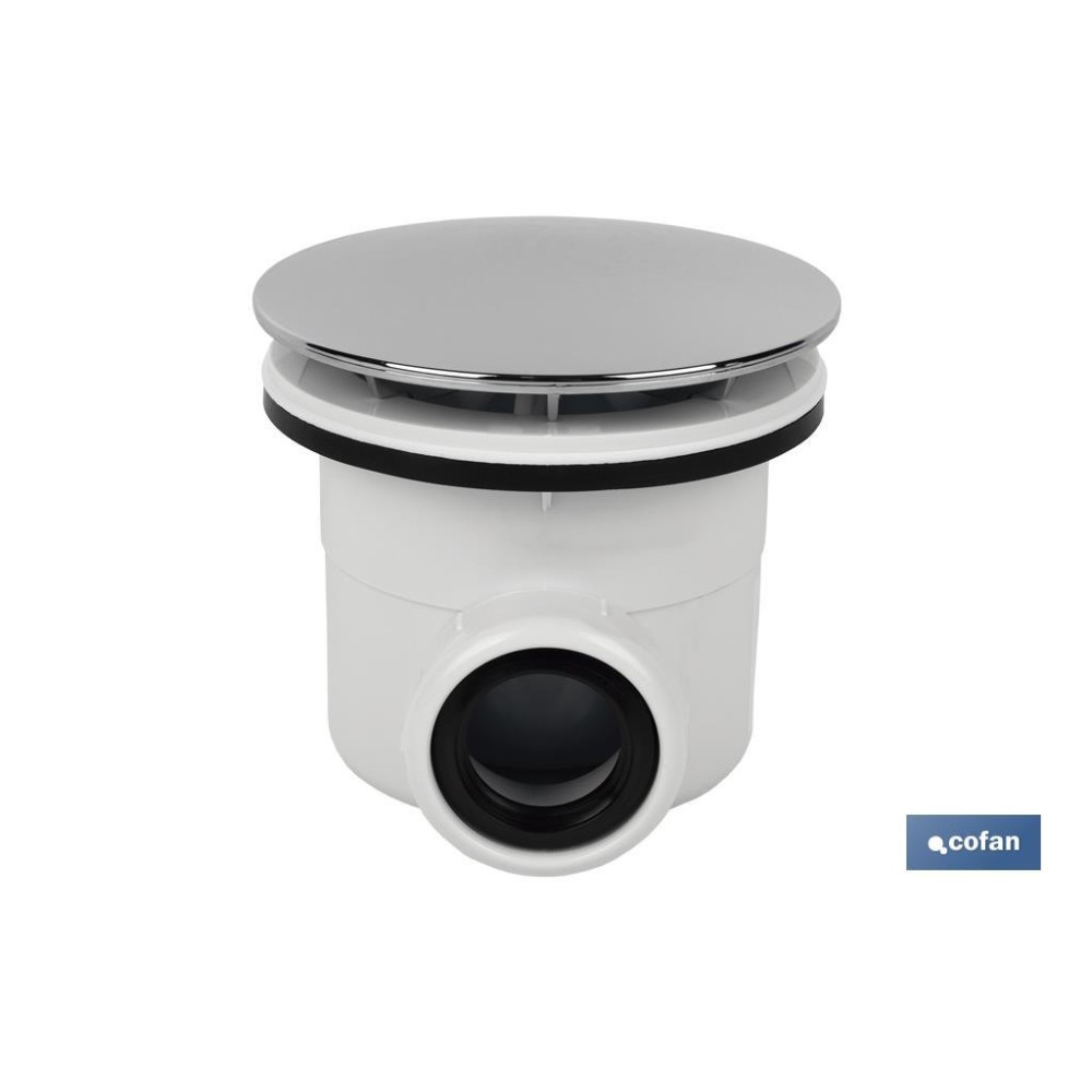 VÁLVULA SIFÓNICA PLATO DE DUCHA Ø90 MM CON SALIDA Ø32-40 MM Y EMBELLECEDOR CROMADO ALTURA 86 MM