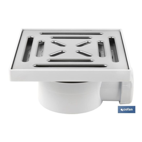 VÁLVULA SIFÓNICA SUMIDERO 146X146 MM CON SALIDA Ø32-40 MM Y TAPA ACERO INOX.