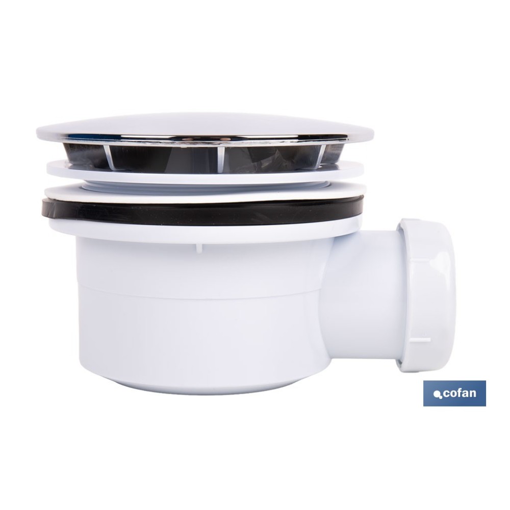 VÁLVULA SIFÓNICA PLATO DE DUCHA Ø90 MM CON SALIDA Ø32-40 MM Y EMBELLECEDOR CROMADO ALTURA 64 MM