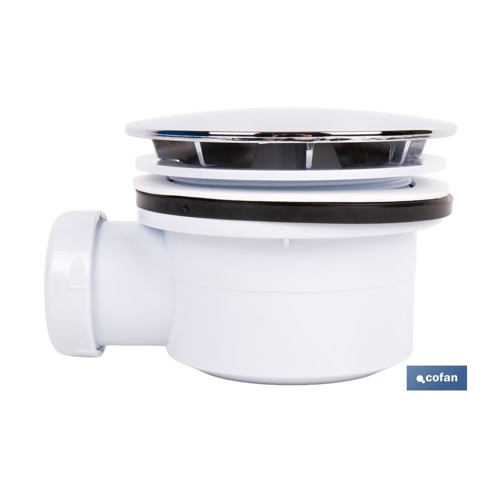 VÁLVULA SIFÓNICA PLATO DE DUCHA Ø90 MM CON SALIDA Ø32-40 MM Y EMBELLECEDOR CROMADO ALTURA 64 MM