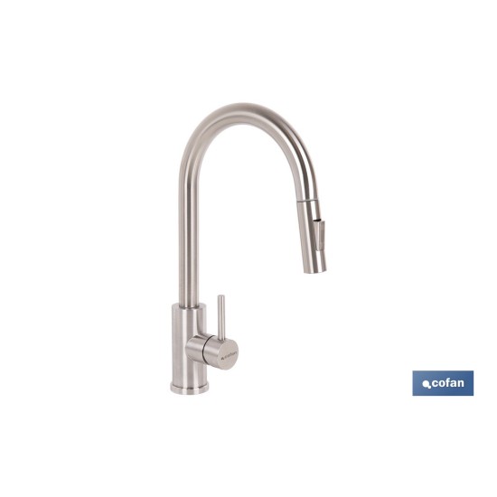 GRIFO DE COCINA DE ACERO INOX. CON MANGUERA EXTENSIBLE Y 2 FUNCIONES 400 X 220 X 54 MM