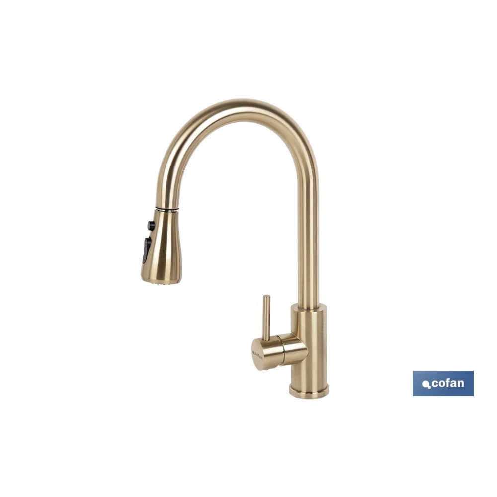 GRIFO DE COCINA DORADO DE ACERO CEPILLADO CON MANGUERA EXTENSIBLE Y 3 FUNCIONES 400 X 220 X 54 MM