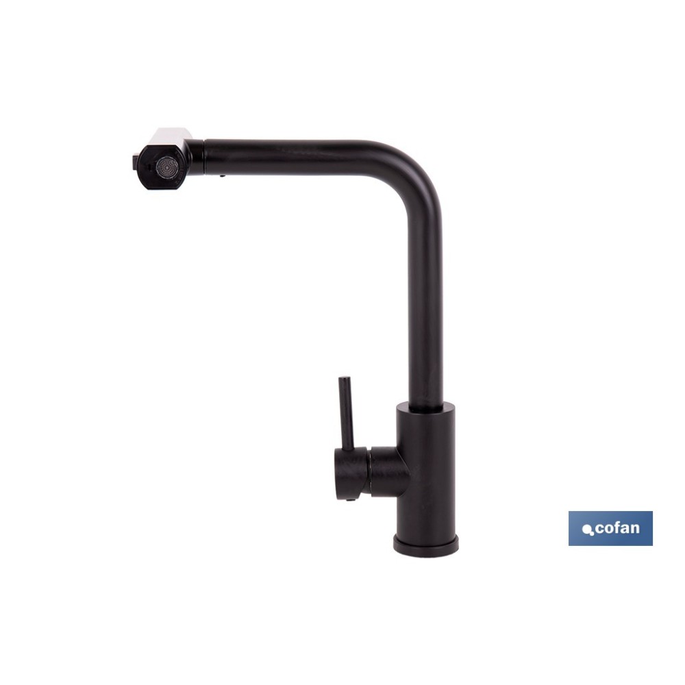 GRIFO DE COCINA NEGRO DE ACERO CON MANGUERA EXTENSIBLE Y 3 FUNCIONES 340 X 240 X 54  MM