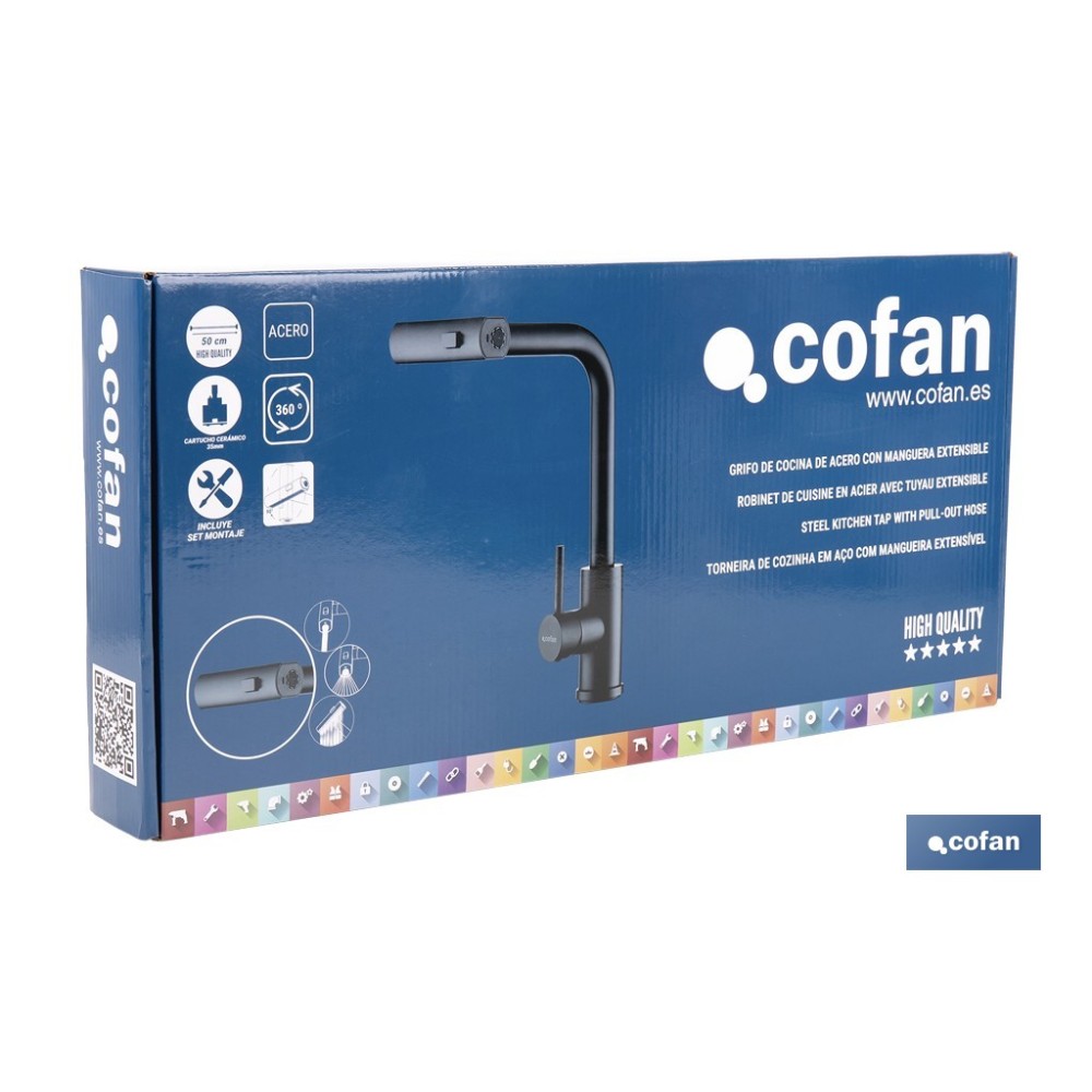 GRIFO DE COCINA NEGRO DE ACERO CON MANGUERA EXTENSIBLE Y 3 FUNCIONES 340 X 240 X 54  MM