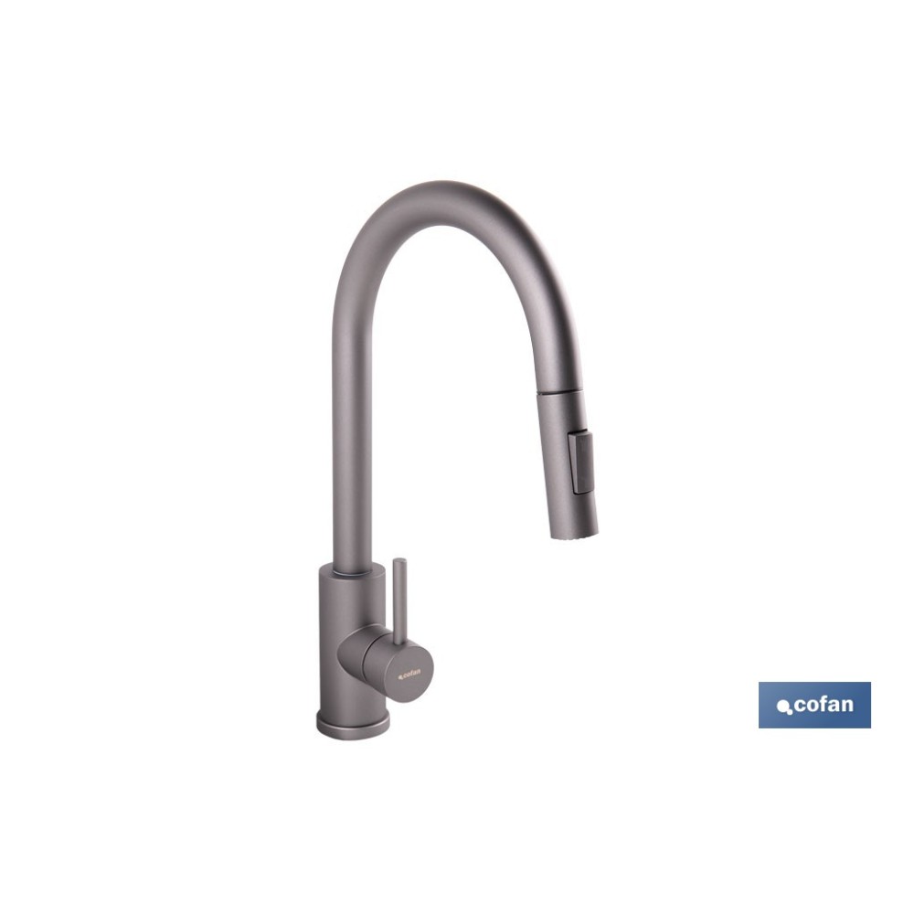 GRIFO DE COCINA ANTRACITA DE ACERO INOX. CON MANGUERA EXTENSIBLE Y 2 FUNCIONES 400 X 220 X 54 MM