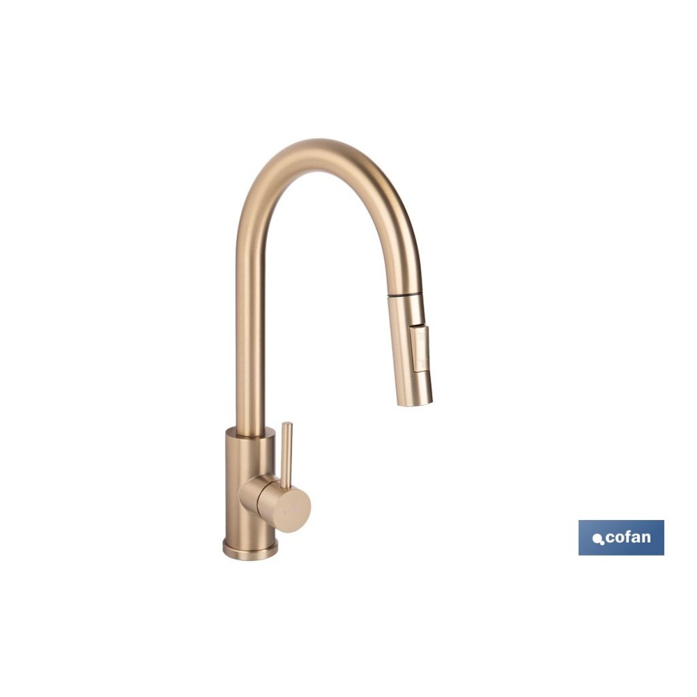 GRIFO DE COCINA CEPILLADO DORADO DE ACERO CON MANGUERA EXTENSIBLE Y 2 FUNCIONES 400 X 220 X 54 MM