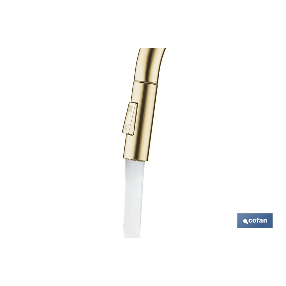 GRIFO DE COCINA CEPILLADO DORADO DE ACERO CON MANGUERA EXTENSIBLE Y 2 FUNCIONES 400 X 220 X 54 MM