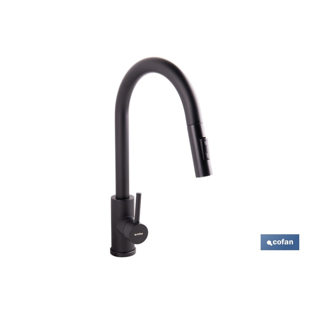 GRIFO DE COCINA DE ACERO NEGRO CON MANGUERA EXTENSIBLE Y 2 FUNCIONES 390 X 250 X 54 MM