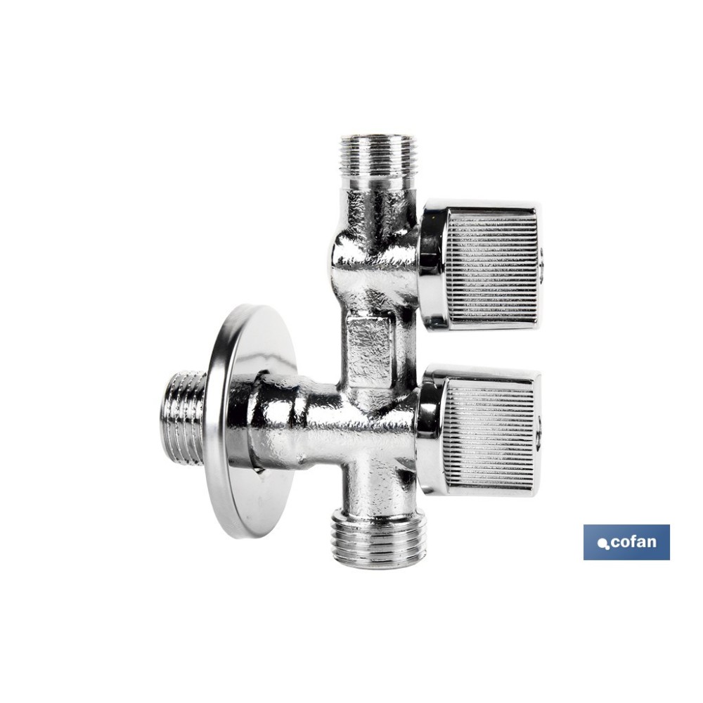 VÁLVULA DE ESCUADRA 1/2 x 1/2 x 3/8 DOBLE SALIDA