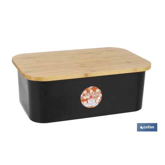PANERA CON TAPA DE BAMBÚ COLOR NEGRO/MADERA 36 X 24 X13 CM