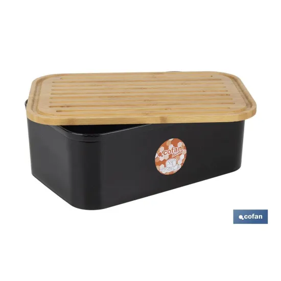 PANERA CON TAPA DE BAMBÚ COLOR NEGRO/MADERA 36 X 24 X13 CM