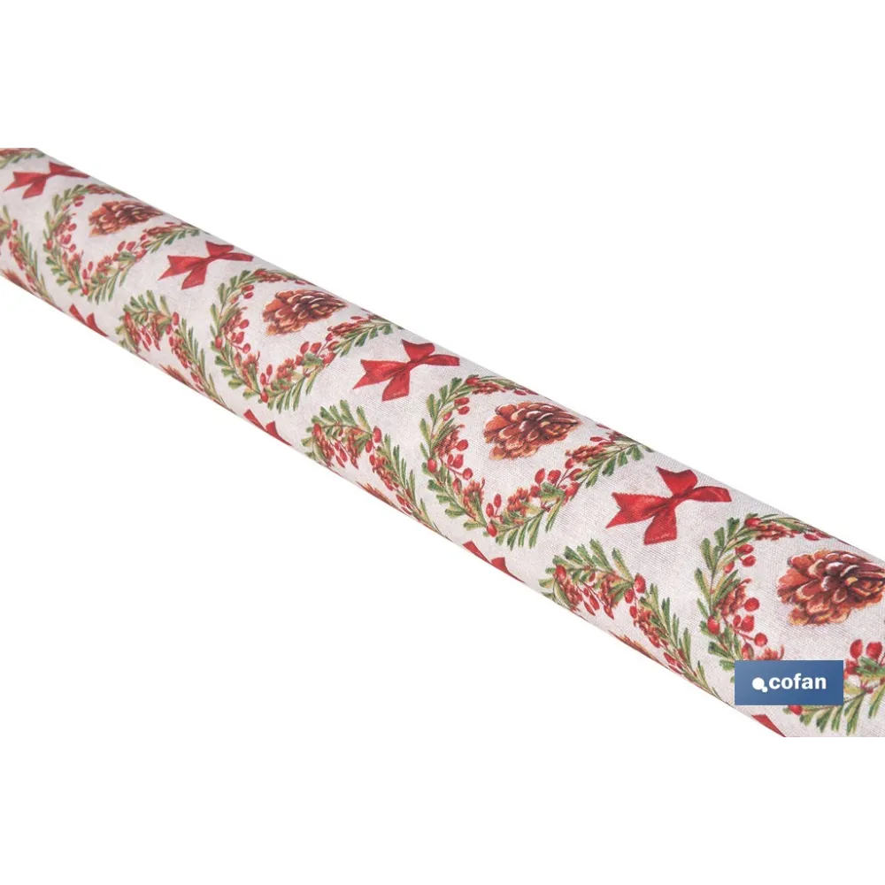 ROLLO DE MANTEL RESINADO ANTIMANCHAS LAZOS Y PIÑAS 75% ALGODÓN 25% POLIÉSTER 1,40 X 15 M