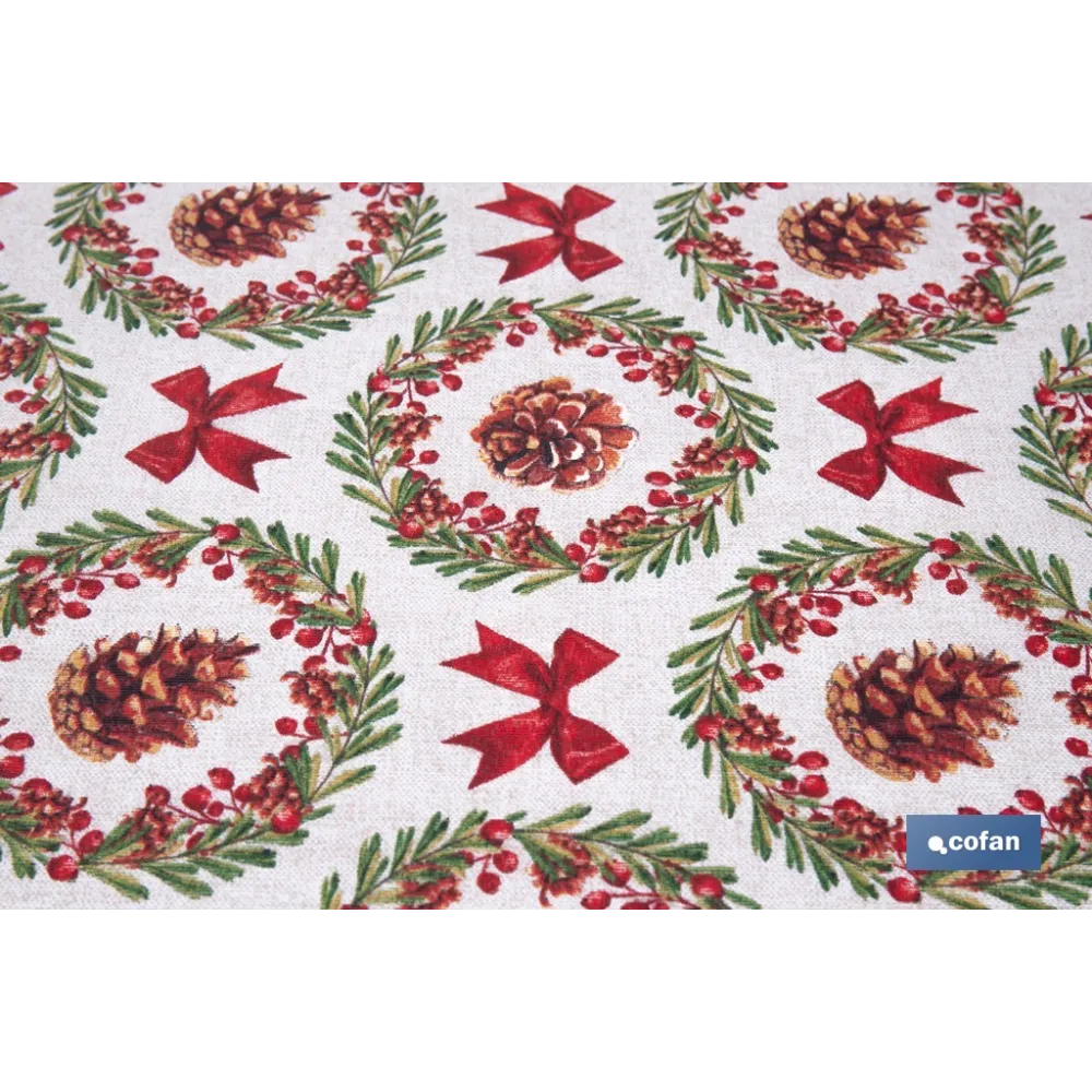 ROLLO DE MANTEL RESINADO ANTIMANCHAS LAZOS Y PIÑAS 75% ALGODÓN 25% POLIÉSTER 1,40 X 15 M