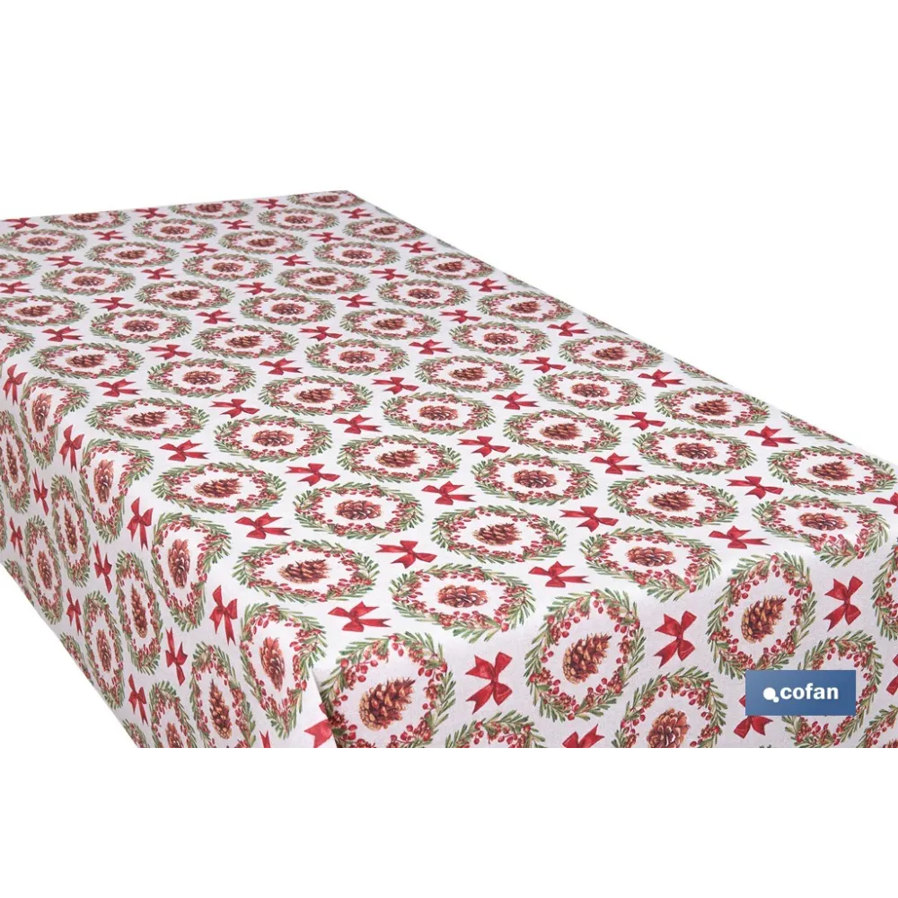 ROLLO DE MANTEL RESINADO ANTIMANCHAS LAZOS Y PIÑAS 75% ALGODÓN 25% POLIÉSTER 1,40 X 15 M