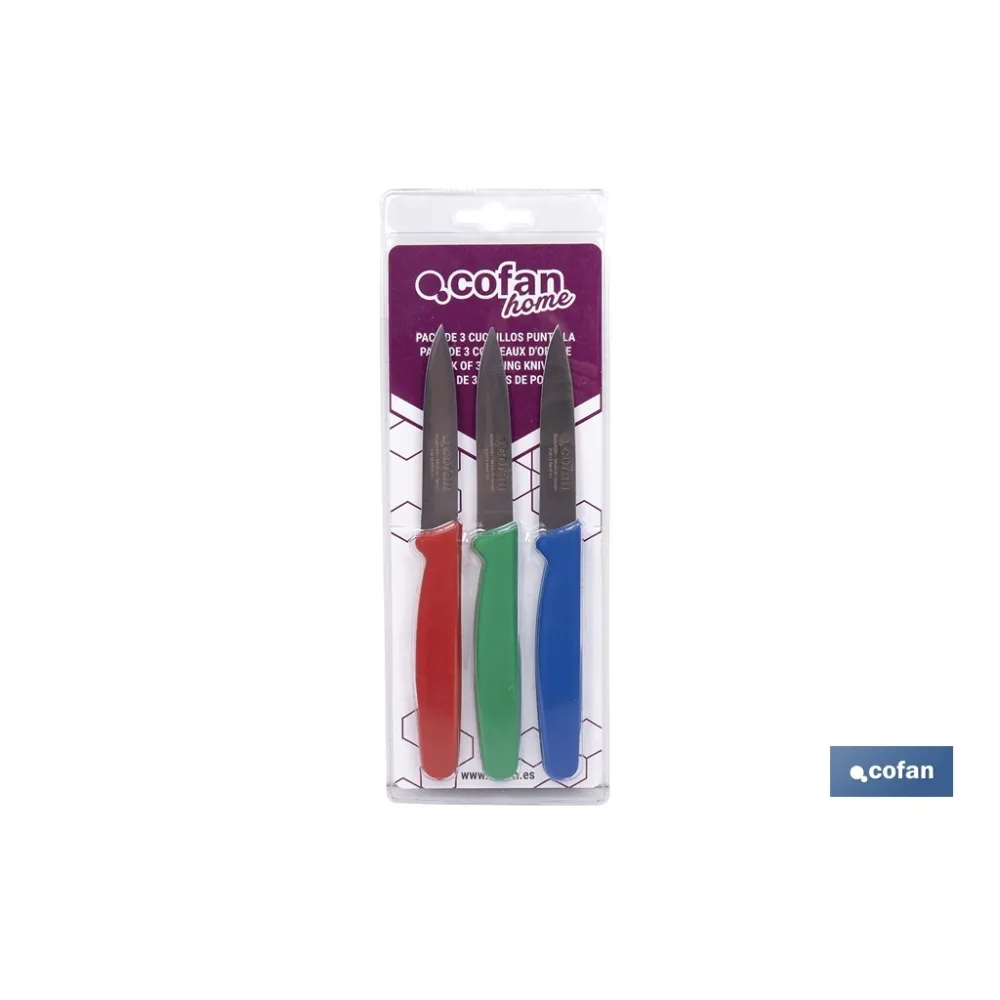 PACK DE 3 CUCHILLOS PUNTILLA COLOR ROJO VERDE AZUL