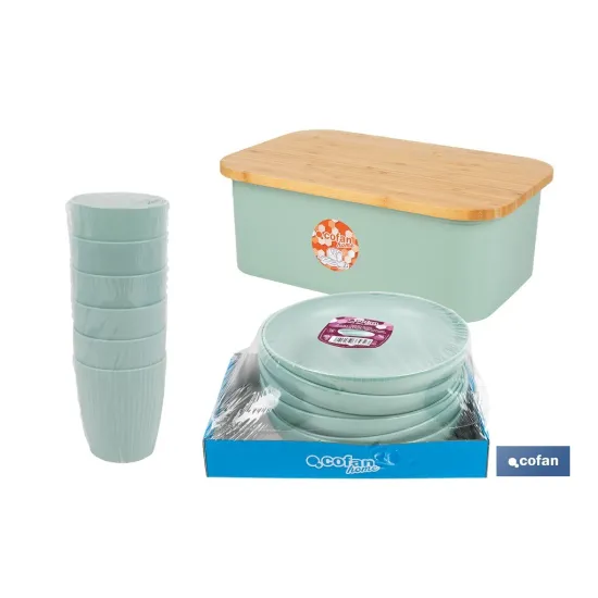 PACK DE PANERA CON TAPA BAMBU ,6  VASOS DE AGUA VERDE Y 6 PLATOS VERDE