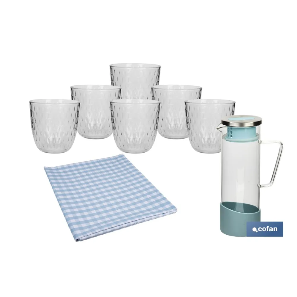 PACK DE JARRA TIERRA,SET DE VASOS DE AGUA Y MANTEL 1.40 X 1.40 CM