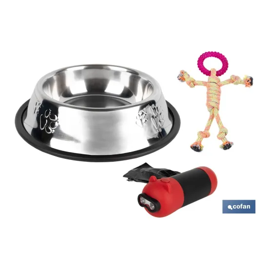PACK DE DISPENSADOR DE BOLSAS MASCOTA, COMEDERO BEBEDERO Y JUGUETE MORDEDOR PERROS