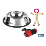 PACK DE DISPENSADOR DE BOLSAS MASCOTA, COMEDERO BEBEDERO Y JUGUETE MORDEDOR PERROS