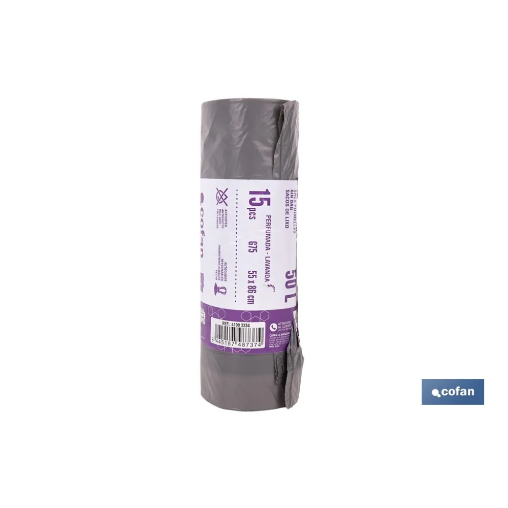BOLSAS DE BASURA PERFUMADAS A LAVANDA CON AUTOCIERRE 55 X 86 CM G. 75 COLOR GRIS 15 UDS. 50 L