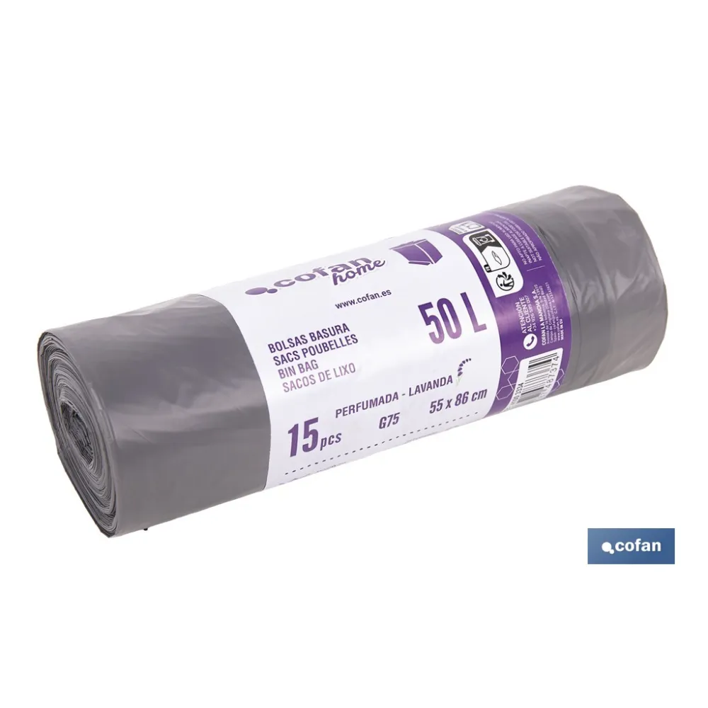 BOLSAS DE BASURA PERFUMADAS A LAVANDA CON AUTOCIERRE 55 X 86 CM G. 75 COLOR GRIS 15 UDS. 50 L