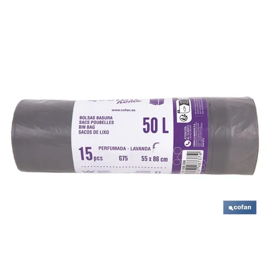 BOLSAS DE BASURA PERFUMADAS A LAVANDA CON AUTOCIERRE 55 X 86 CM G. 75 COLOR GRIS 15 UDS. 50 L