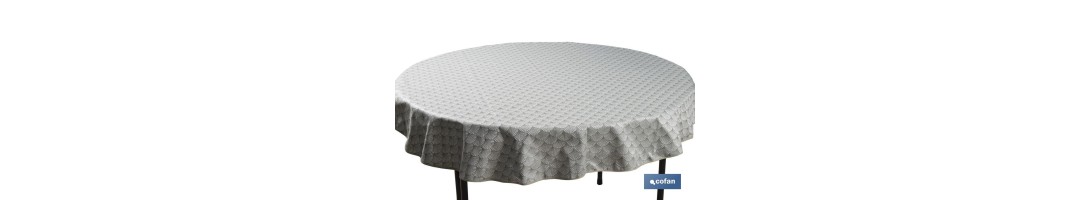 Mantel redondo antimanchas confeccionado en Jacquard con tejido resinado | Diseño de arcos verdes | Materiales: 50% algodón y 5