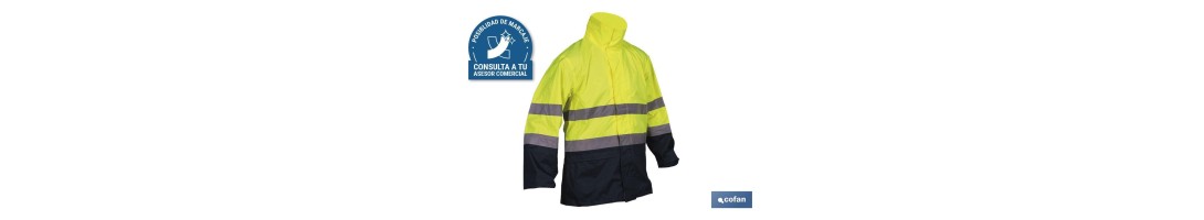 Chaqueta de lluvia de alta visibilidad con cierre de cremallera | Color: amarillo y azul | Disponible desde la talla S hasta la