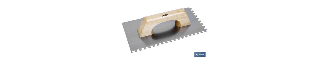 Paleta modelo llana dentada | Longitud: 275 x 115 mm | Dentado: 8 x 8 mm | Para la construcción | Mango de madera