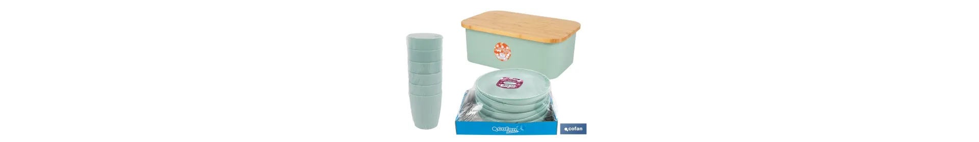 Pack de Panera con Tapa de Bambú, 6 Vasos de Agua de 400 Ml, 6 Platos