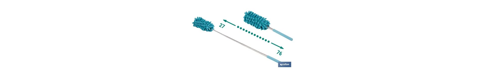 Plumero de microfibra con mango telescópico extensible de 27 a 76 cm. Ideal para altura y rincones
