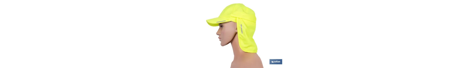 Gorra amarilla fluorescente con protección de nuca para obra, trekking y montaña