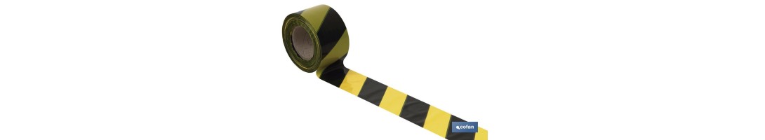 Cinta de balizamiento no adhesiva | Color amarillo/negro | Medidas: 50 y 80 mm | Longitud 100 y 200 metros | Galga 200