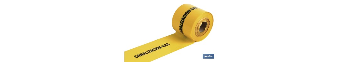 Cinta de balizamiento no adhesiva | Color amarillo con texto CANALIZACION GAS | Medida: 150 mm | Longitud: 250 metros | Galga 3