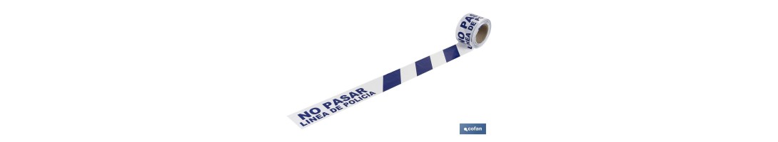 Cinta de balizamiento no adhesiva | Color azul y blanco | Texto: NO PASAR LÍNEA DE POLICíA | Medida: 80 mm | Longitud: 100 metr
