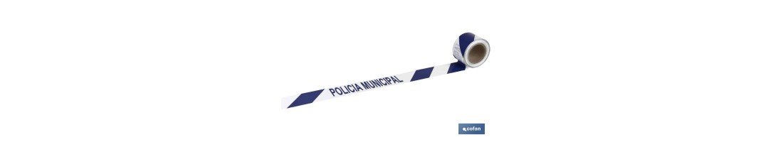 Cinta de balizamiento no adhesiva | Color: azul y blanco | Texto: POLICÍA MUNICIPAL | Medida: 80 mm x 100 m | Galga 300