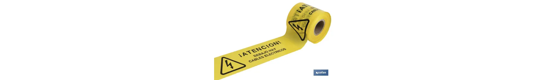 Cinta de balizamiento no adhesiva | Color amarillo | Texto ATENCIÓN CABLES ELÉCTRICOS | Medida: 150 mm | Longitud: 250 metros |