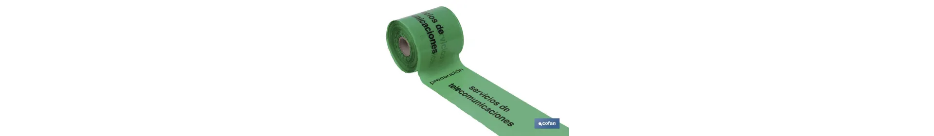 Cinta de balizamiento no adhesiva | Color verde | Texto Precaución Servicio de Telecomunicaciones | Medida: 150 mm | Longitud: 