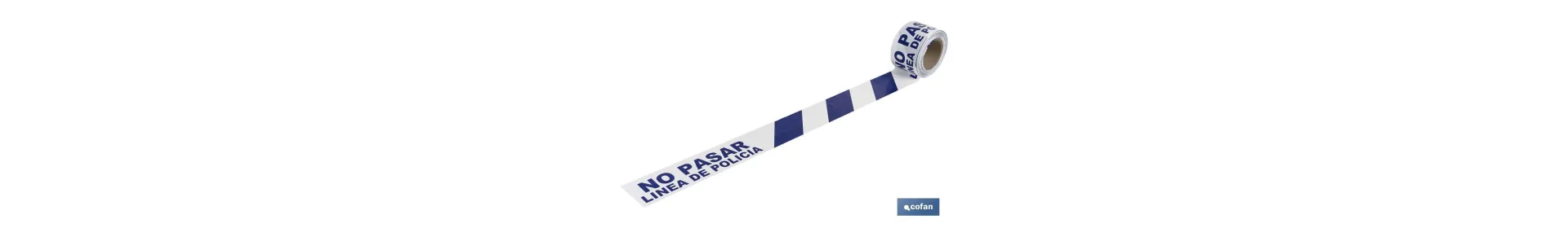 Cinta de balizamiento no adhesiva | Color azul y blanco | Texto: NO PASAR LÍNEA DE POLICíA | Medida: 80 mm | Longitud: 100 metr