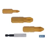 Kit de puntas de atornillar de Titanio 1/4 PZ y adaptador | Contenido 3 puntas Pozi drive y un adaptador