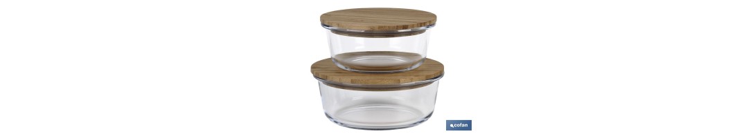 Set de 2 Fiambreras Redondas de Borosilicato | Modelo Bambú | Tapa de Bambú | Capacidad 620-950 ml