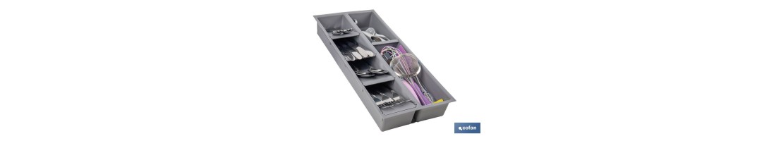 Organizador de cubiertos con separadores para cajón | Cubertero con 7 compartimentos y separadores modulares | Color: gris | Ma