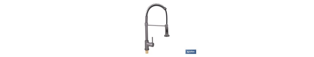 Grifo de cocina monomando con rociador | Caño giratorio 360° | Cuerpo de latón | Medidas: ø5 x 48 x 22 cm | Disponible en gris
