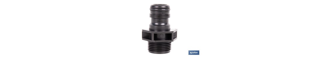 Adaptador de polipropileno con rosca macho antifugas | Ligero y resistente | Adecuado para riego y mangueras | Disponible para 