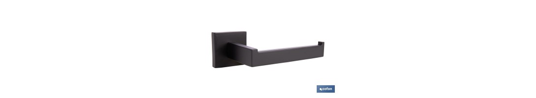 Portarrollos negro mate | Material: acero inoxidable | Diseño cuadrado | Kit de fijación incluido | Medidas: 16 x 8 x 5,5 cm