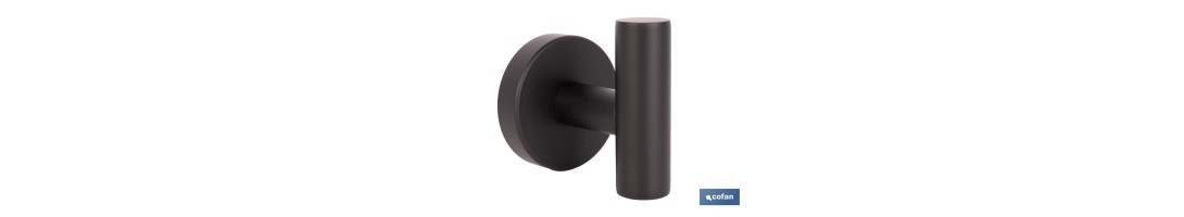 Percha negra mate | Material: acero inoxidable | Diseño redondo | Kit de fijación incluido | Medidas: 5 x 5 x 6 cm